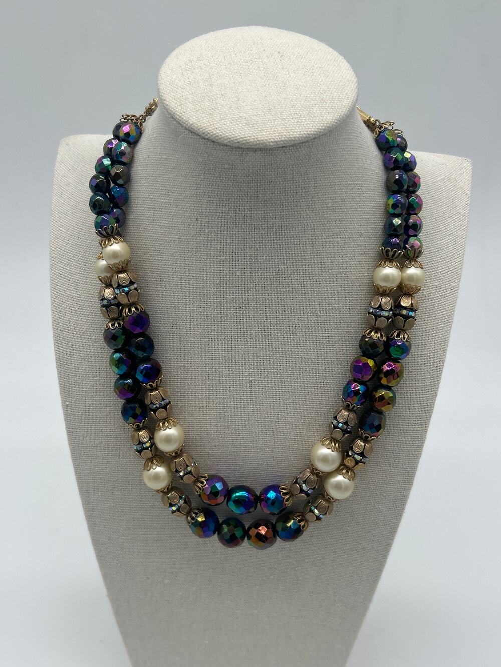 Vintage Signed Hobe Necklace Iridescent Glass Bead Multi Strand Statement
